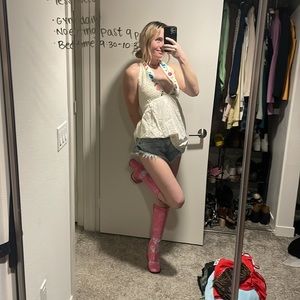 Super mini halter cream color dress with colorful embroidered flowers.